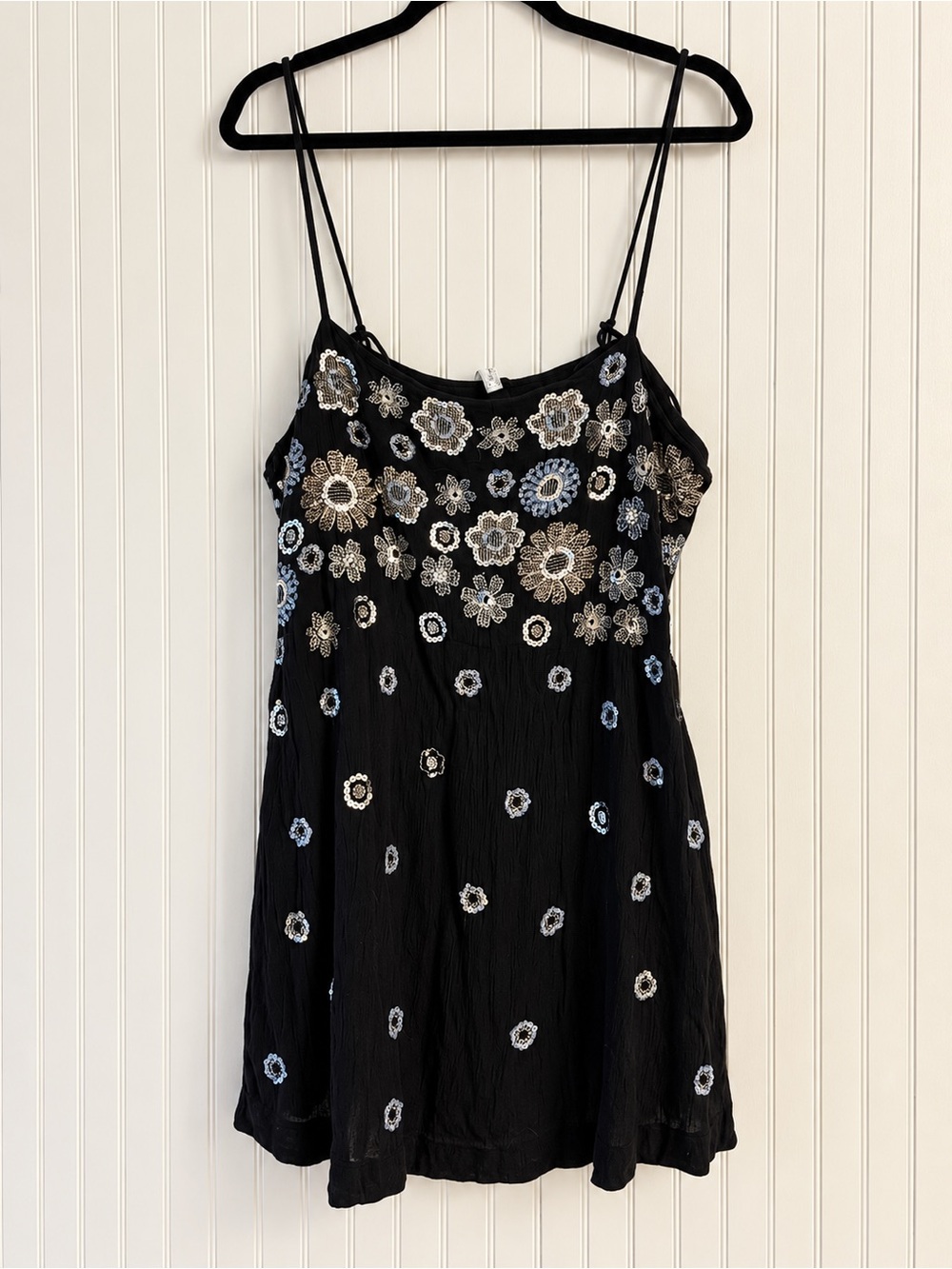Free People Black Mini Slip Dress with Silver & Light Blue Floral Embroidery
